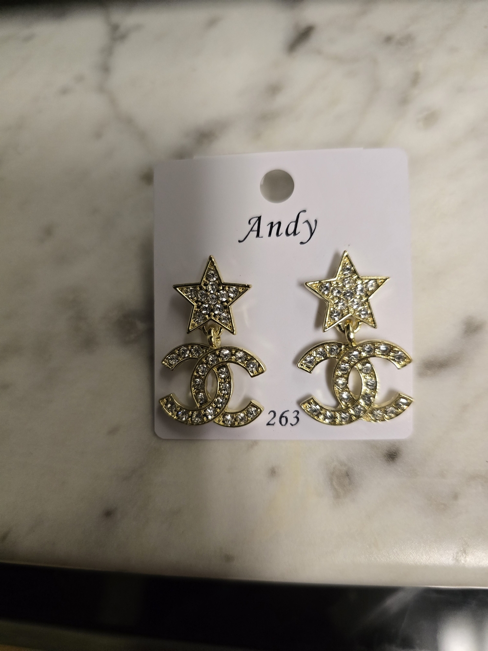 Andy Gold Crystal Star & Interlocking CC Drop Earrings
